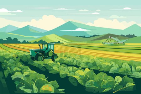 Illustration pour Agriculture, tracteurs et moissonneuses travaillant sur le terrain, récolte, journée ensoleillée, illustration vectorielle plate. - image libre de droit