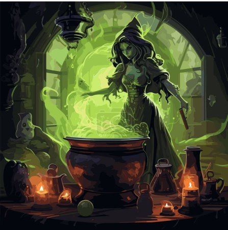 Wicked witch is brewing her potion in a cauldron in her gloomy and sinister room with witchcraft surroundings everywhere. Vector illustration.