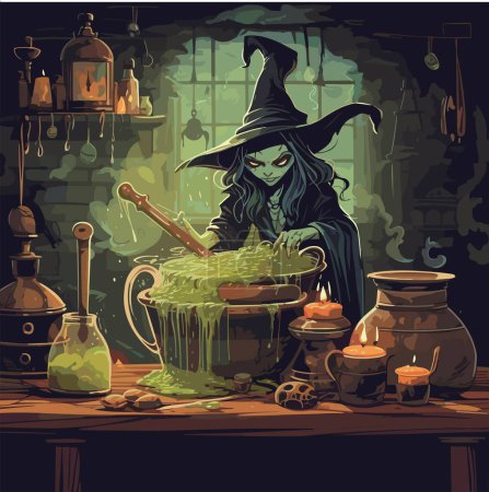 Téléchargez les illustrations : Méchante sorcière brasse sa potion dans un chaudron dans sa chambre sombre et sinistre avec un environnement de sorcellerie partout. Illustration vectorielle. - en licence libre de droit