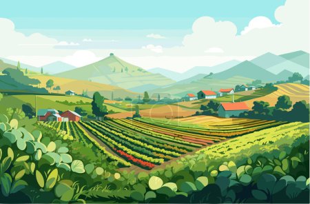 Illustration for Agriculture, working in the field, harvesting, sunny day, vector flat illustration. - Royalty Free Image