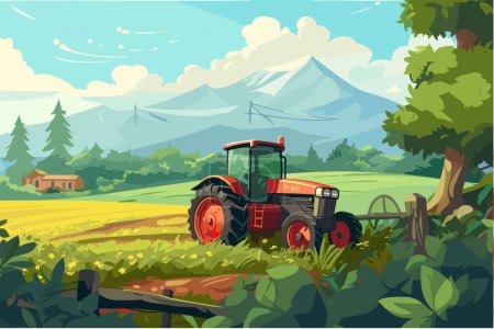 Agriculture, travail sur le terrain, récolte, journée ensoleillée, illustration vectorielle à plat.