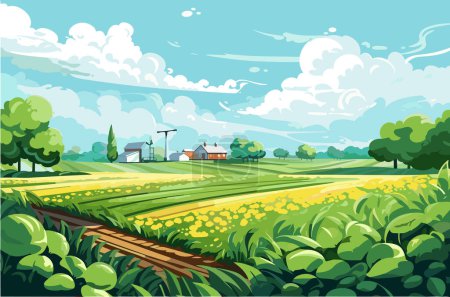 Illustrazione per Agricoltura, lavoro sul campo, raccolta, giornata di sole, illustrazione piatta vettoriale. - Immagini Royalty Free