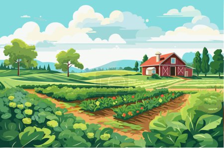 Agriculture, working in the field, harvesting, sunny day, vector flat illustration.