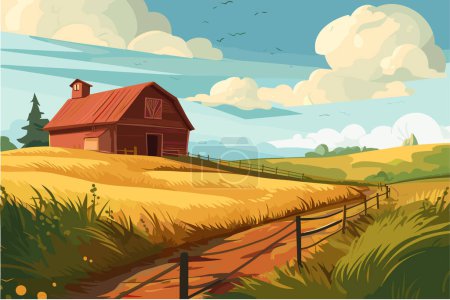 Agriculture, working in the field, harvesting, sunny day, vector flat illustration.
