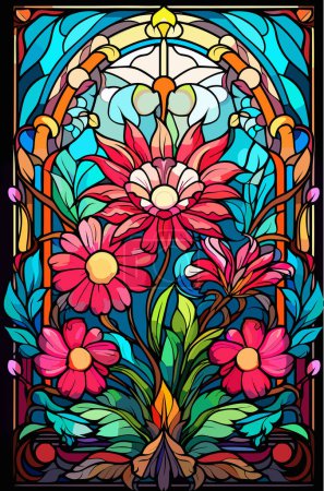 Illustration en style vitrail avec des fleurs abstraites, des feuilles et des boucles, image rectangulaire. Illustration vectorielle.