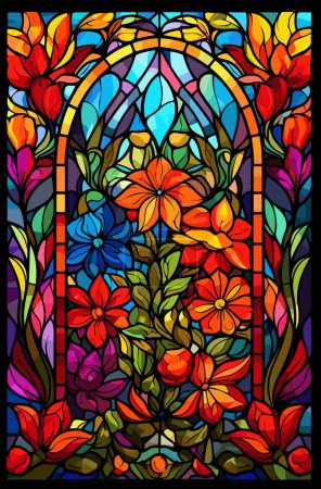 Illustration in stained glass style with abstract flowers, leaves and curls, rectangular image. Vector illustration.