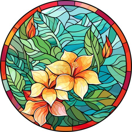 Illustration en style vitrail avec des fleurs abstraites, des feuilles et des boucles, image ronde. Illustration vectorielle.