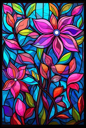 Illustration im Glasmalereistil mit abstrakten Blumen, Blättern und Locken, rechteckiges Bild. Vektorillustration.