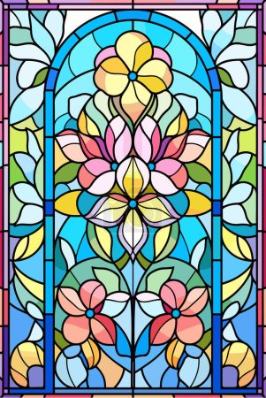 Illustration en style vitrail avec des fleurs abstraites, des feuilles et des boucles, image rectangulaire. Illustration vectorielle.