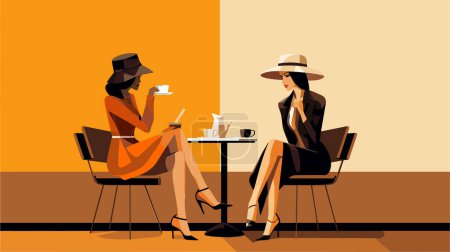 Ilustración de Chica bebiendo café. Joven chica elegante sentado en la cafetería. Ilustración plana vectorial en el estilo de los años setenta. Acogedor café de la mañana. - Imagen libre de derechos
