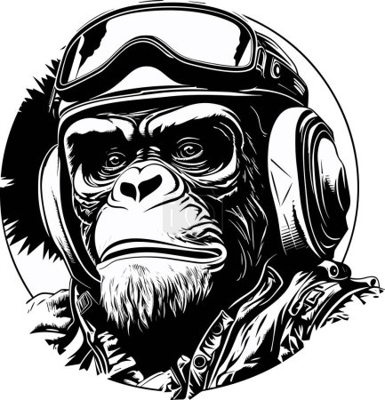 Ilustración de Cool piloto mono en casco de vuelo y gafas ilustración vectorial en blanco y negro. Piloto animal salvaje aislado sobre fondo blanco. - Imagen libre de derechos