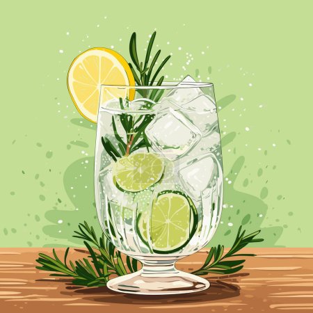 Téléchargez les illustrations : Cocktail classique au gin alcoolisé et tonique en verre. Boisson rafraîchissante avec orange citron vert et glace. Illustration vectorielle - en licence libre de droit