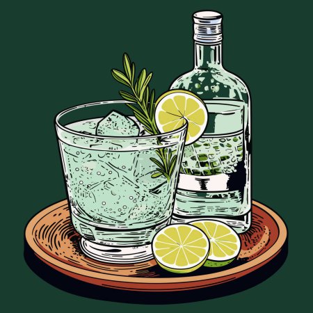 Téléchargez les illustrations : Gin cocktail alcoolisé classique et tonique en verre et bouteille. Boisson rafraîchissante avec orange citron vert et glace. Illustration vectorielle - en licence libre de droit