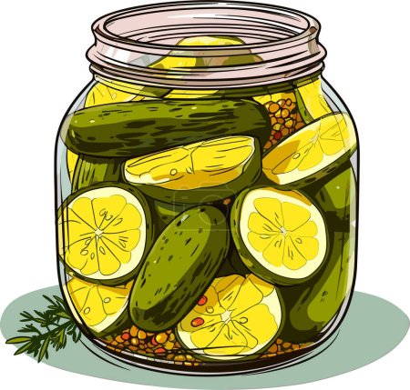 Jar preserved vegetables. Can of pickled cucumbers. Cartoon canned food in glass. Grocery conserve container, vector illustration