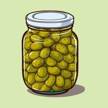 Téléchargez les illustrations : Olives en conserve dans un bocal en verre. Illustration vectorielle esquisse produit alimentaire dans le style rétro croquis - en licence libre de droit