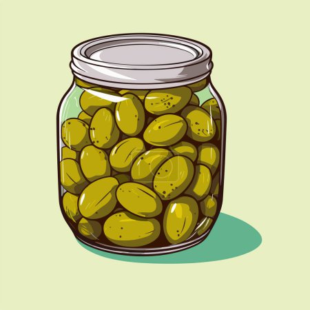 Téléchargez les illustrations : Olives en conserve dans un bocal en verre. Illustration vectorielle esquisse produit alimentaire dans le style rétro croquis - en licence libre de droit