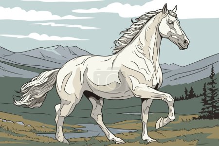 Pferd läuft mit Anmut auf Bergen Hintergrund, Vektor-Illustration