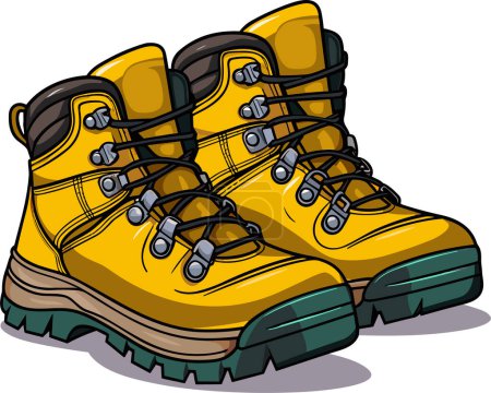Illustration for Modern hiking or tracking yellow boots with laces. Colored vector illustration, trendy trecking shoes isolated on white background - Royalty Free Image