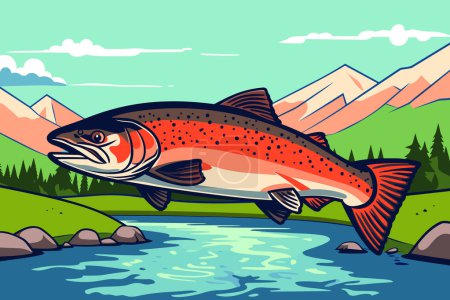 Illustration for Salmon fish in wild nature. Fishing or camping theme vintage vector illustration with mountain, river and forest. Good for emblem, label or logo - Royalty Free Image