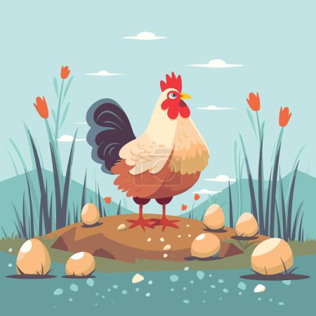 Illustration for Cartoon chicken with a few eggs on the farm. Domestic hen on the yard. Vector illustration - Royalty Free Image