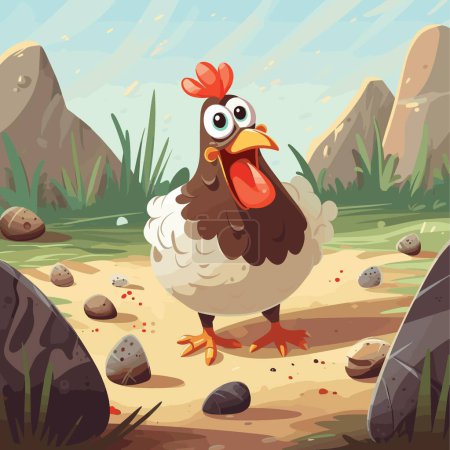Illustration for Funny crazy cartoon on the farm. Domestic hen on the yard. Vector illustration - Royalty Free Image