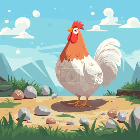 Illustration for Cartoon chicken on the farm. Domestic hen on the yard. Vector illustration - Royalty Free Image