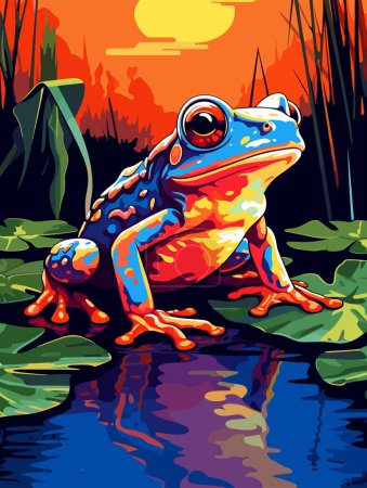 Poison dart frog on a branch in the rainforest. Tropical rainforest reptiles animals. Vector illustration