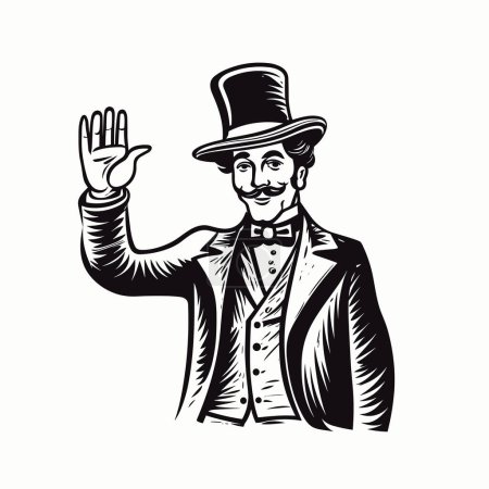Illustration for Gentleman in bowler hat and coat raises his right hand in warning. Vintage engraving style. Victorian Era vector illustration - Royalty Free Image