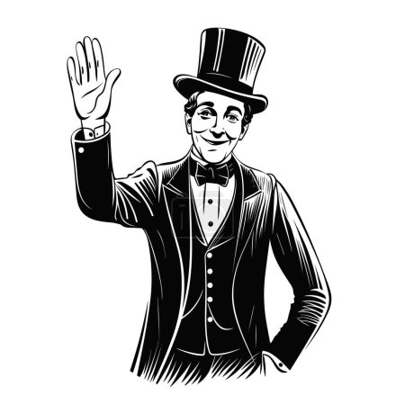 Illustration for Gentleman in bowler hat and coat raises his right hand in warning. Vintage engraving style. Victorian Era vector illustration - Royalty Free Image