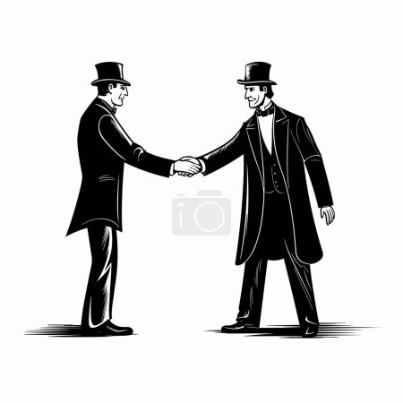 Illustration for Handshake of two retro style men in vintage clothes and top hats, vector black and white illustration in engraving style - Royalty Free Image