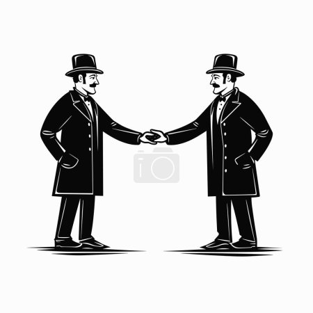 Illustration for Two retro style men in vintage clothes and top hats, one giving the other something from hand to hand, vector illustration in engraving style - Royalty Free Image