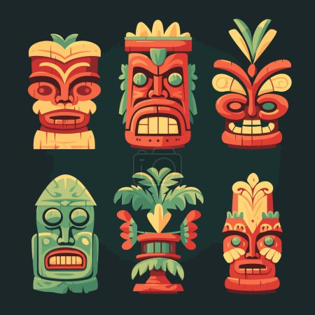 Ilustración de Hawaii tiki máscaras ídolos icono de dibujos animados conjunto. Iconos de ilustración vectorial aislados - Imagen libre de derechos