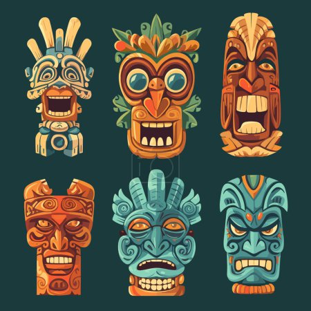 Ilustración de Hawaii tiki máscaras ídolos icono de dibujos animados conjunto. Iconos de ilustración vectorial aislados - Imagen libre de derechos