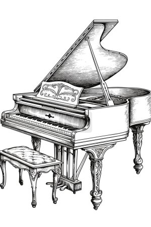 Téléchargez les illustrations : Illustration vectorielle en noir et blanc d'un piano à queue, style gravure - en licence libre de droit