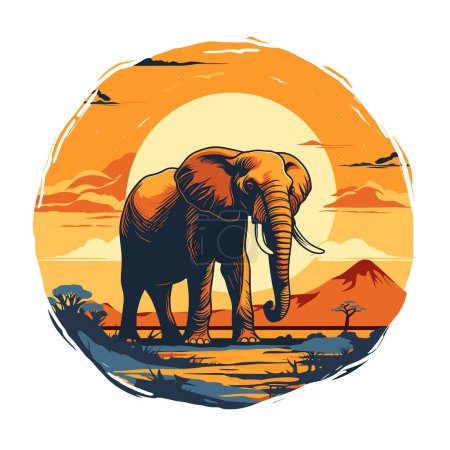 Illustration for African elephant in the savanna. Colored vector illustration of a walking elephant - Royalty Free Image