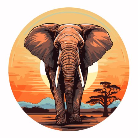 Ilustración de Elefante africano en la sabana. Ilustración vectorial coloreada de un elefante andante - Imagen libre de derechos