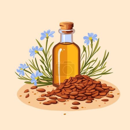 Illustration for Linen. Flax seeds. Flowers of flax. Linseed oil. Super food Vector illustration - Royalty Free Image