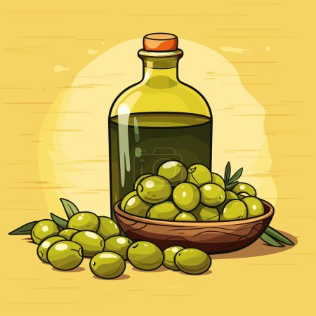 Téléchargez les illustrations : Bouteille d'huile d'olive fraîchement pressée et vecteur d'illustration d'olives. Icône huile d'olive - en licence libre de droit