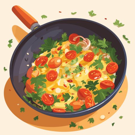Ilustración de Tortilla revueltos huevos como sabrosos platos con huevo ingrediente servido en sartén ilustración vector - Imagen libre de derechos