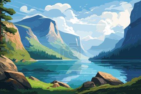 Panorama fjord landscape in Norway. Vector illustration