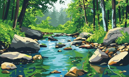 A stream of river creek flowing across a dense green forest, illustration vector