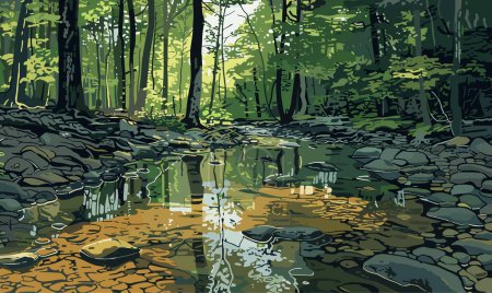 A stream of river creek flowing across a dense green forest, illustration vector