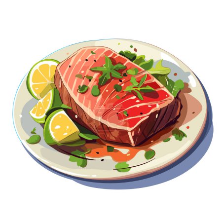 Grilled tuna steak on plate. Cooked salmon fillet fish with vegetables. Vector illustration