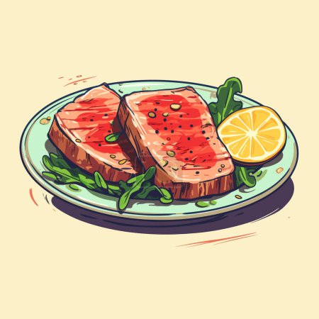 Grilled tuna steak on plate. Cooked salmon fillet fish with vegetables. Vector illustration
