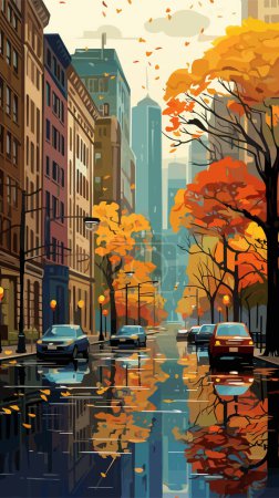 Autumn city with trees falling yellow leaves. Illustration vector