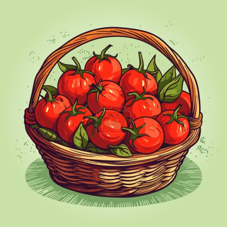 Panier avec tomates mûres rouges isolées sur fond neutre. Illustration vectorielle.