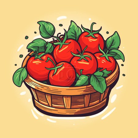 Basket with red ripe tomatoes isolated on neutral background. Vector illustration.