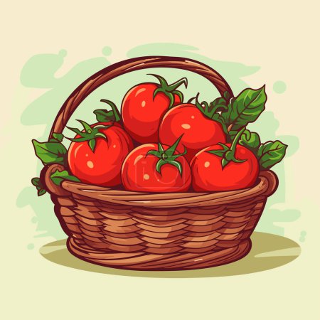 Basket with red ripe tomatoes isolated on neutral background. Vector illustration.