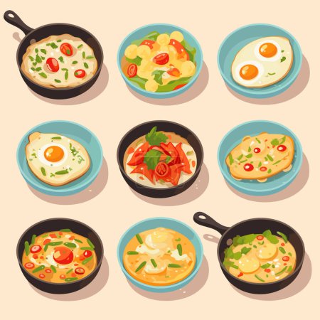 Vector illustration of different ways to cook eggs. Fried egg, boiled egg, omelet
