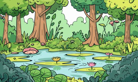 Sümpfe im Wald. Landschaft mit Sumpf, Seerosen, Baumstämmen und Moorgras. Vektor-Cartoon-Illustration des wilden Waldes mit Fluss, See oder Sumpf, Vektor